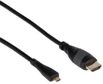 An HDMI-to-Micro-HDMI cable with a larger HDMI plug and a smaller Micro-HDMI plug for digital connections.