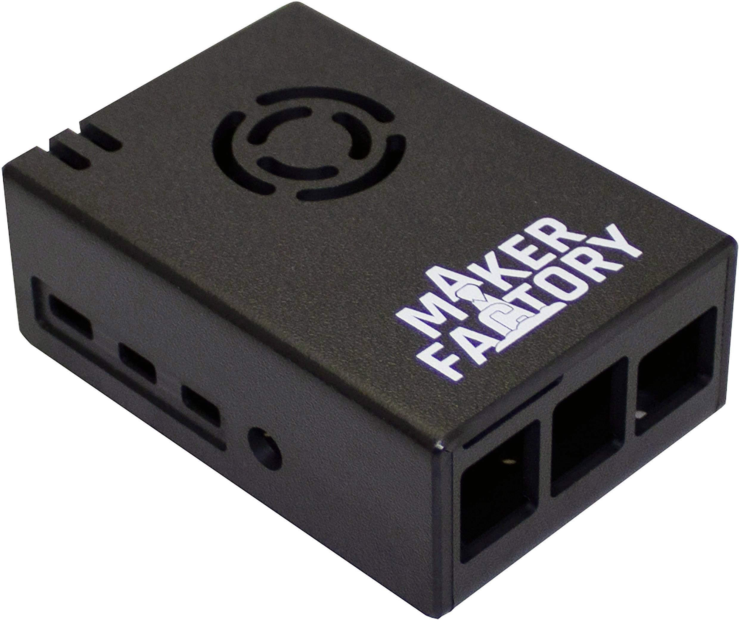 Black electronic enclosure with 'MAKER FACTORY' logo, ventilation slot and three rectangular cutouts on one side.
