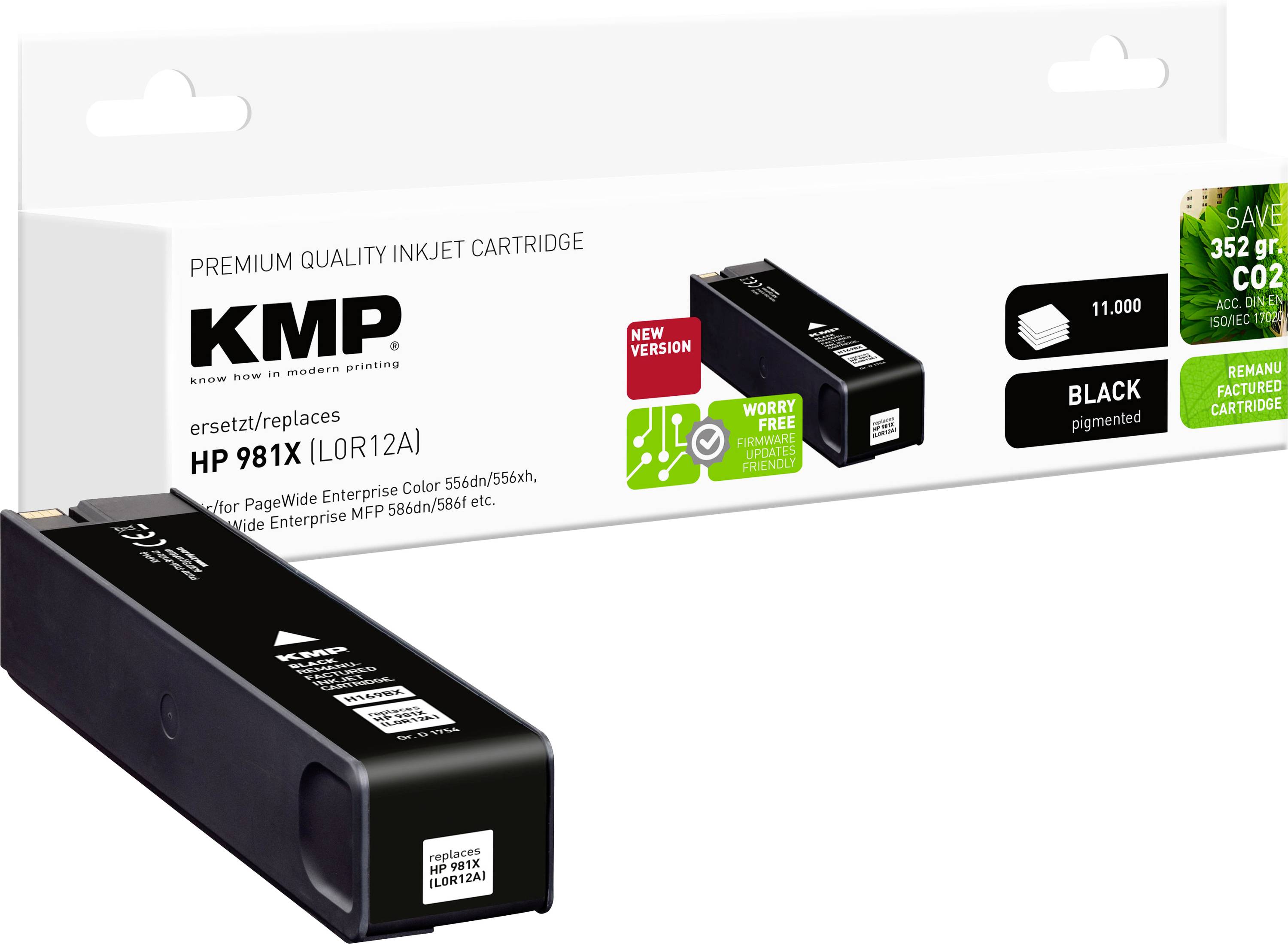 KMP Premium Quality Inkjet Cartridge, replaces HP 981X L0R12A, new version, 11,000 pages, black, eco-friendly, CO2 savings.