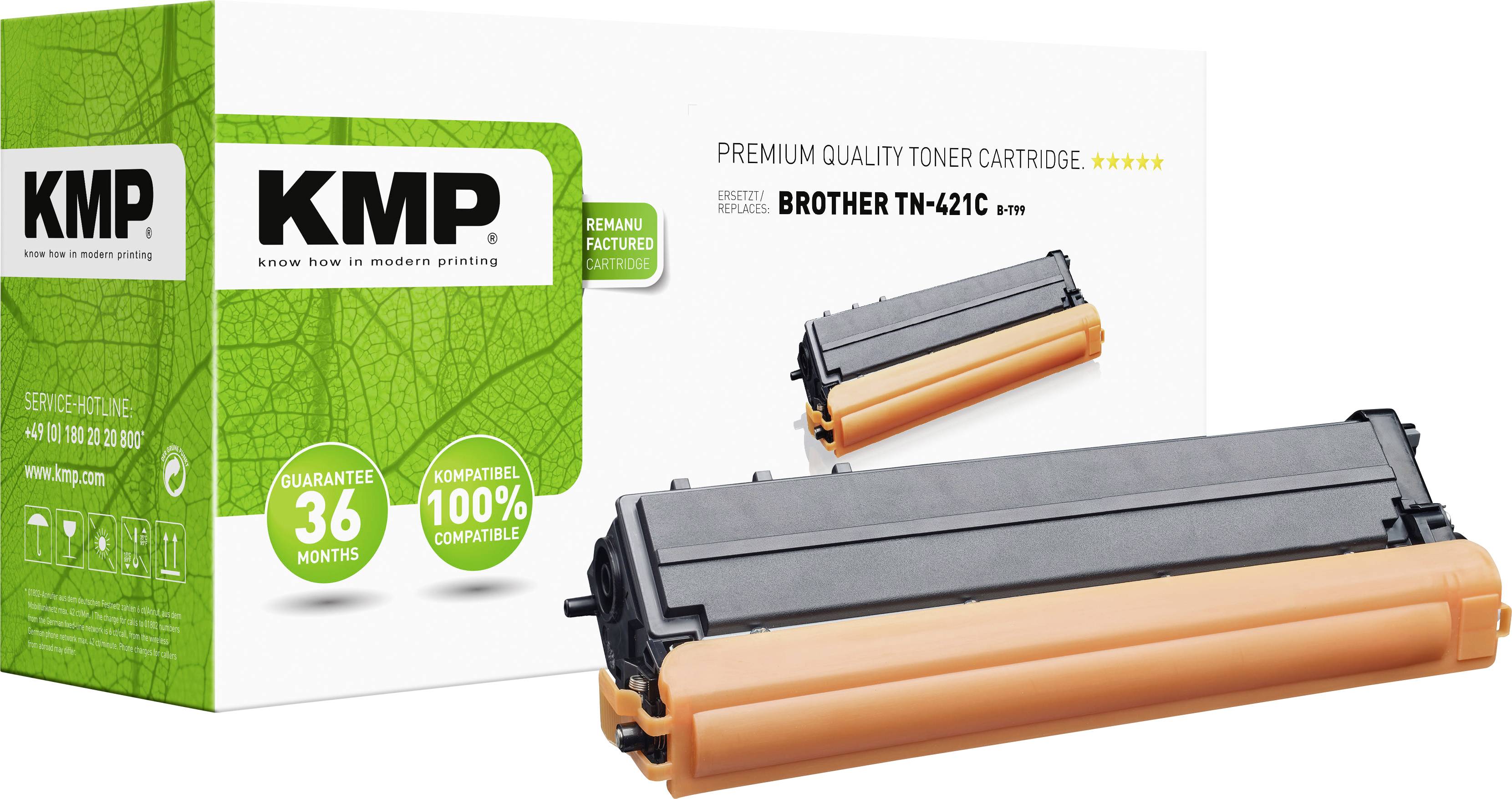 A KMP toner cartridge product with the inscription 'BROTHER TN-421C'. Packaging emphasises compatibility and 36-month guarantee.