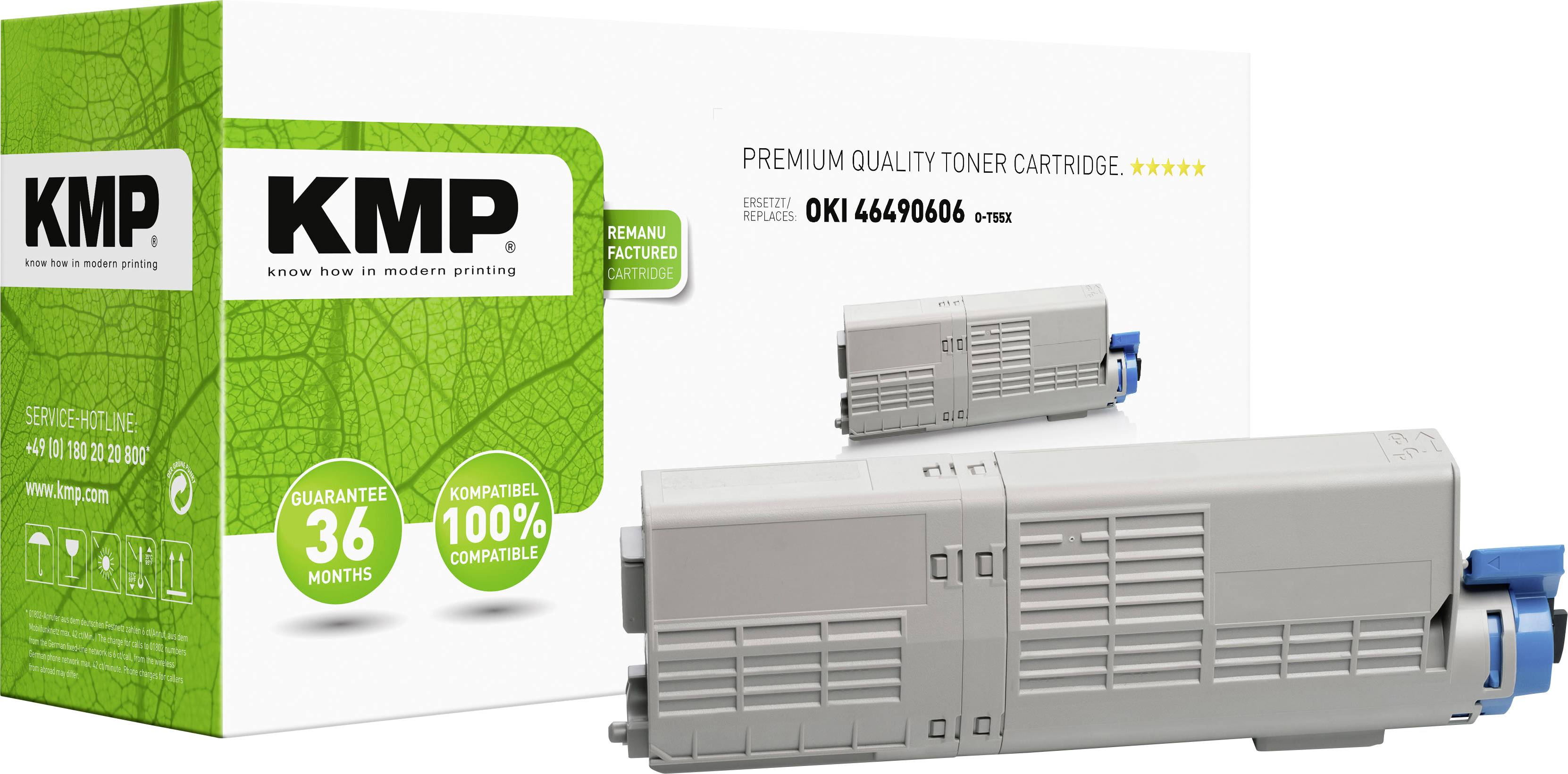 Toner Cartridge KMP for OKI Printers. On packaging: 'Premium Quality Toner Cartridge', 36-month guarantee, 100% compatible.