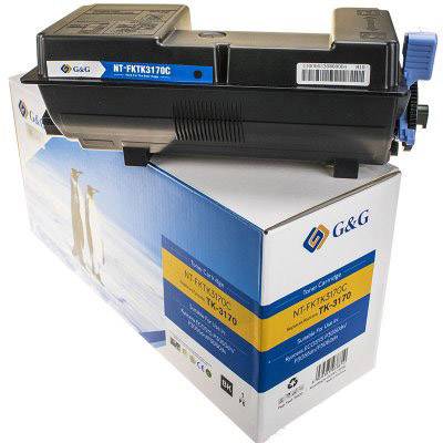 Ink cartridge G&G NT-FKTK3170C in black, standing on a package. Package displays bird photographs and product specifications.