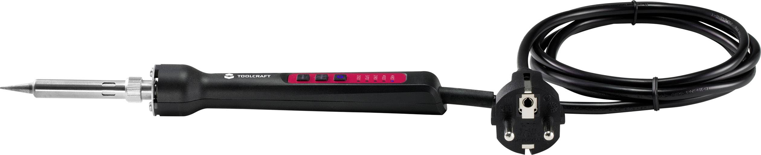 A soldering iron with a black handle and long cable. It shows a silver tip and is intended for hand soldering electronic components.