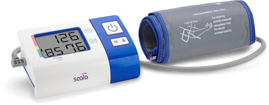 Blood pressure monitor with cuff and digital display shows pulse at 76 and pressure readings SYS 126, DIA 85.