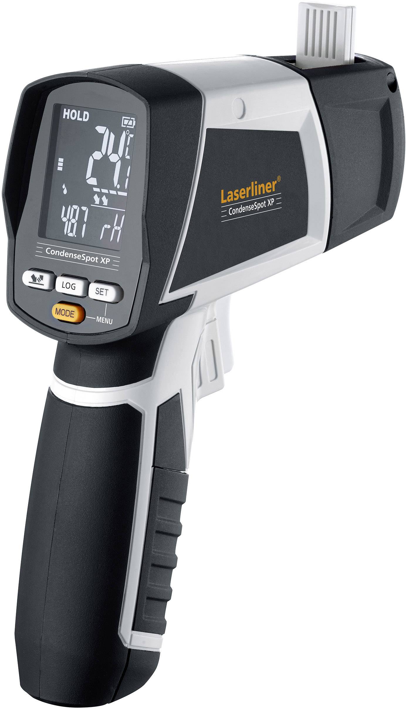 A digital infrared thermometer with display shows '24°C'. It has an ergonomic handle and a sensor at the front end.
