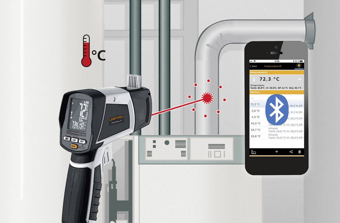 Infrared thermometer measures the temperature of a pipe, showing 72.3 °C on smartphone display. Bluetooth connection displayed.