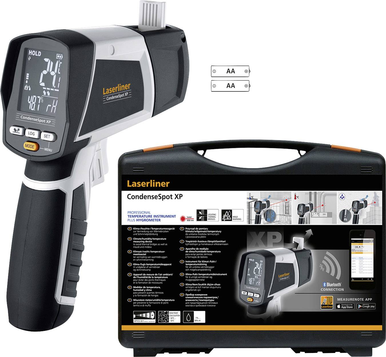 Infrared Thermometer 'CondenseSpot XP' by Laserliner with Bluetooth functionality, temperature display on screen, with accessory case.