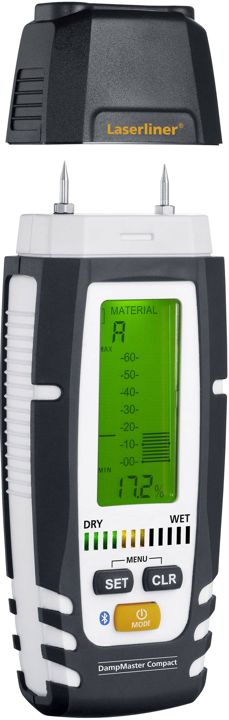 Moisture meter with digital display, showing material moisture in percentage. Top with removable protective cap.Moisture meter with digital display, indicating material moisture as a percentage. Fitted with a removable protective cap on the top.