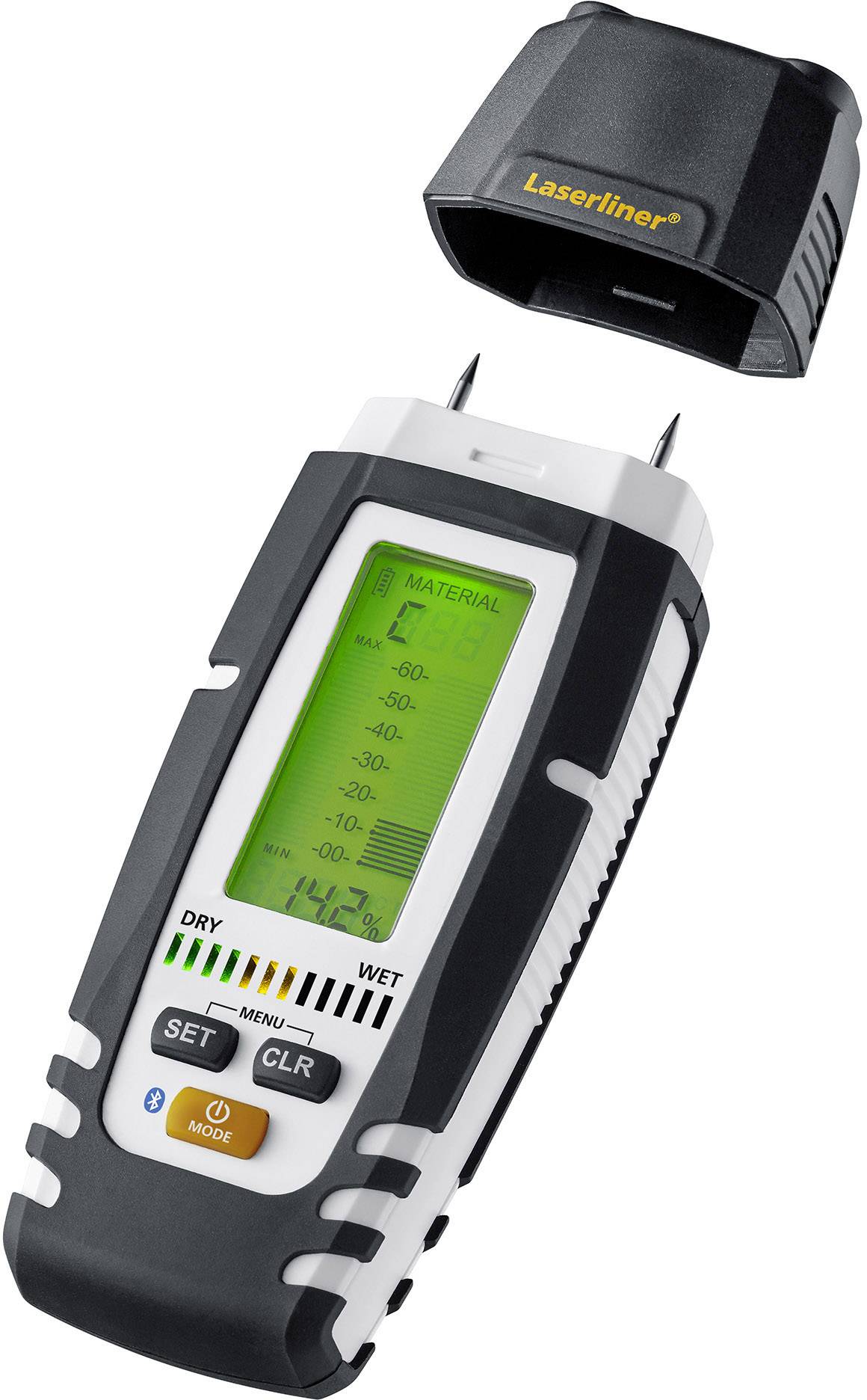 Moisture metre with digital display shows moisture readings; protects sensitive components from water damage.