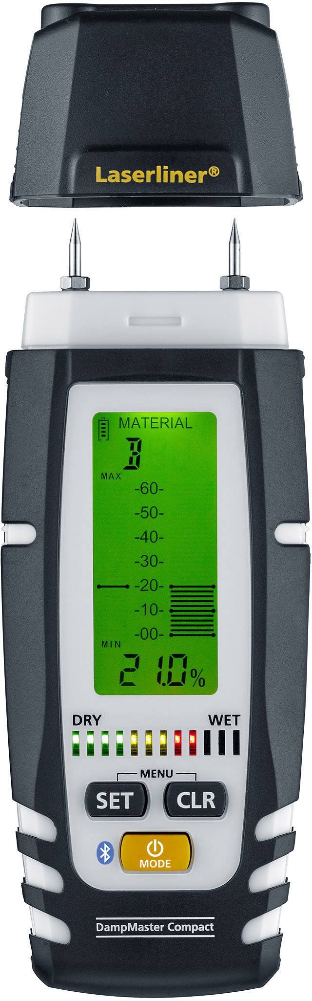 Moisture metre with digital display, showing 'Material' and moisture percentage. Brand 'Laserliner', Model 'DampMaster Compact'.