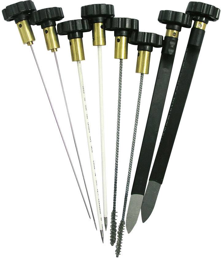A set of eight different gas soldering torch and camping accessory attachments with needles and brushes of varying lengths.