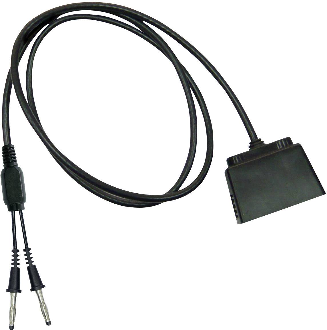 A black electrical cable with two jack plugs and a flat connector at the other end, used for power or signal transmission.