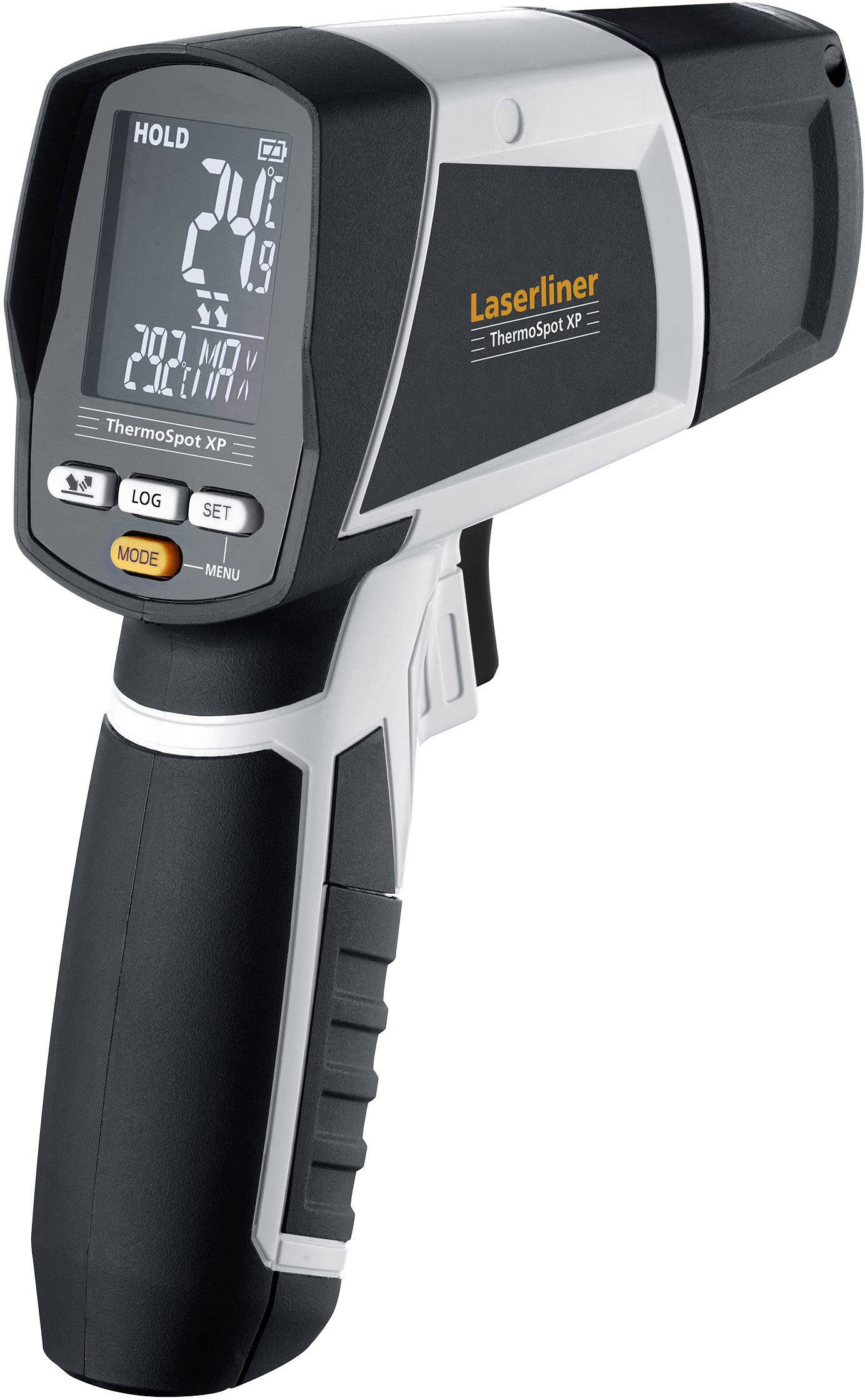 Infrared thermometer with digital display, showing current temperature in degrees Celsius. Handheld device with ergonomic grip.