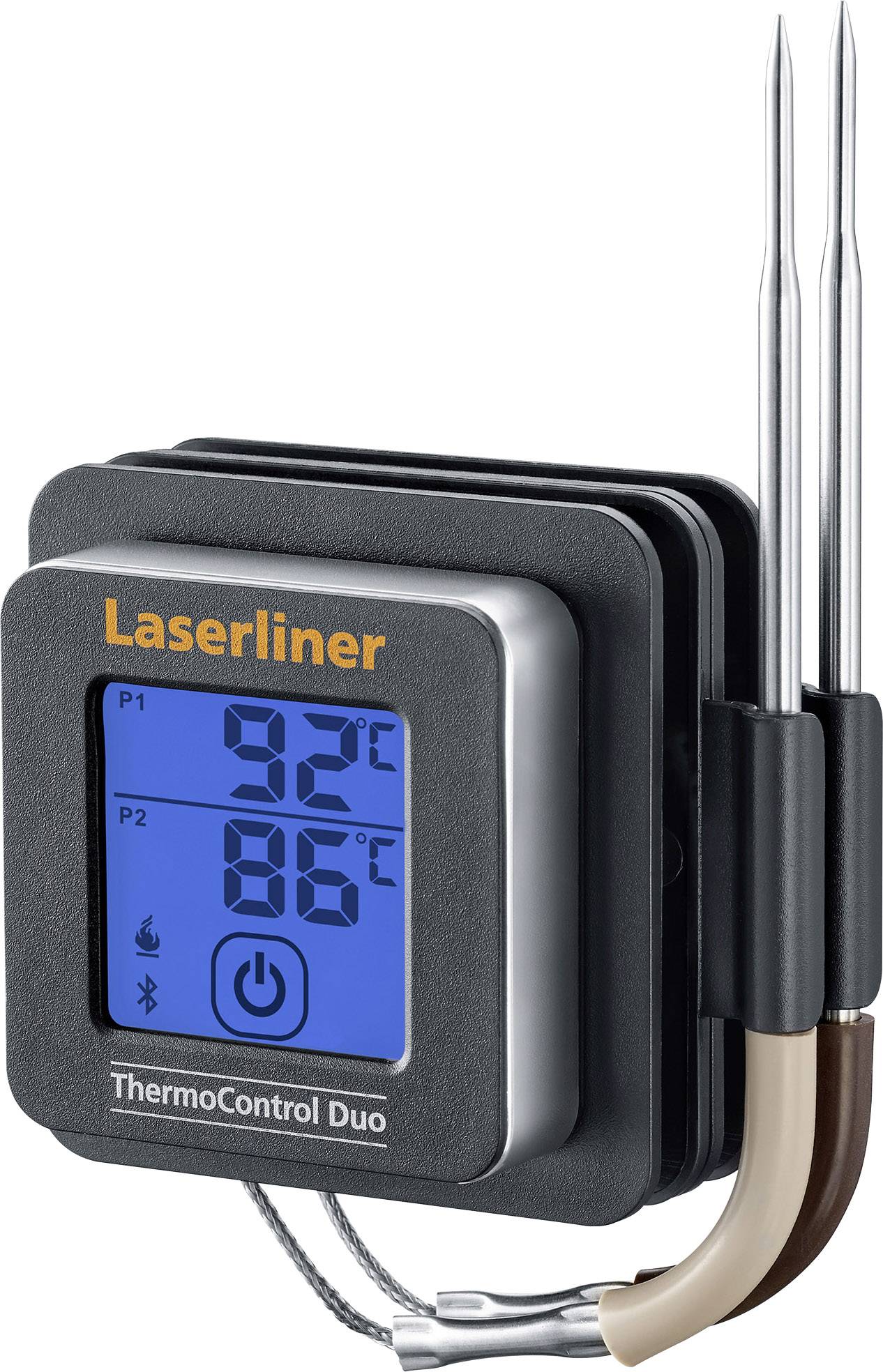 A digital thermometer with two metal probes and a blue display shows temperatures of 92°C and 86°C, with the 'Laserliner' brand.