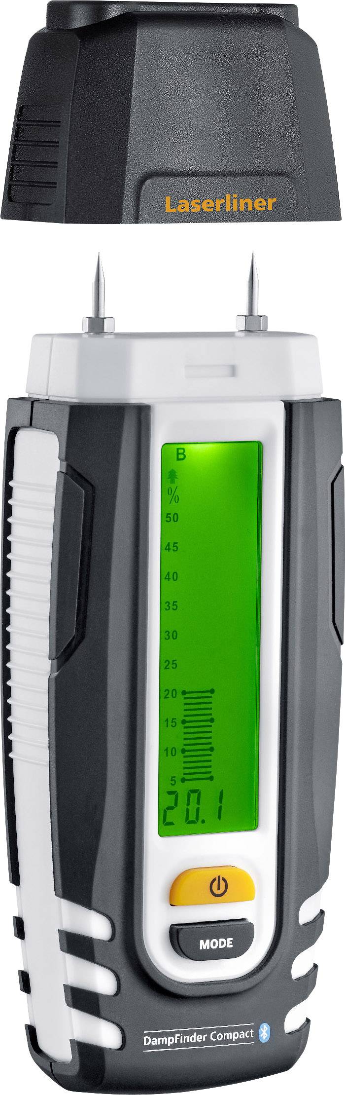 A black and white moisture metre with a green display and two metal probes shows 'Laserliner Dampfinder Compact'.