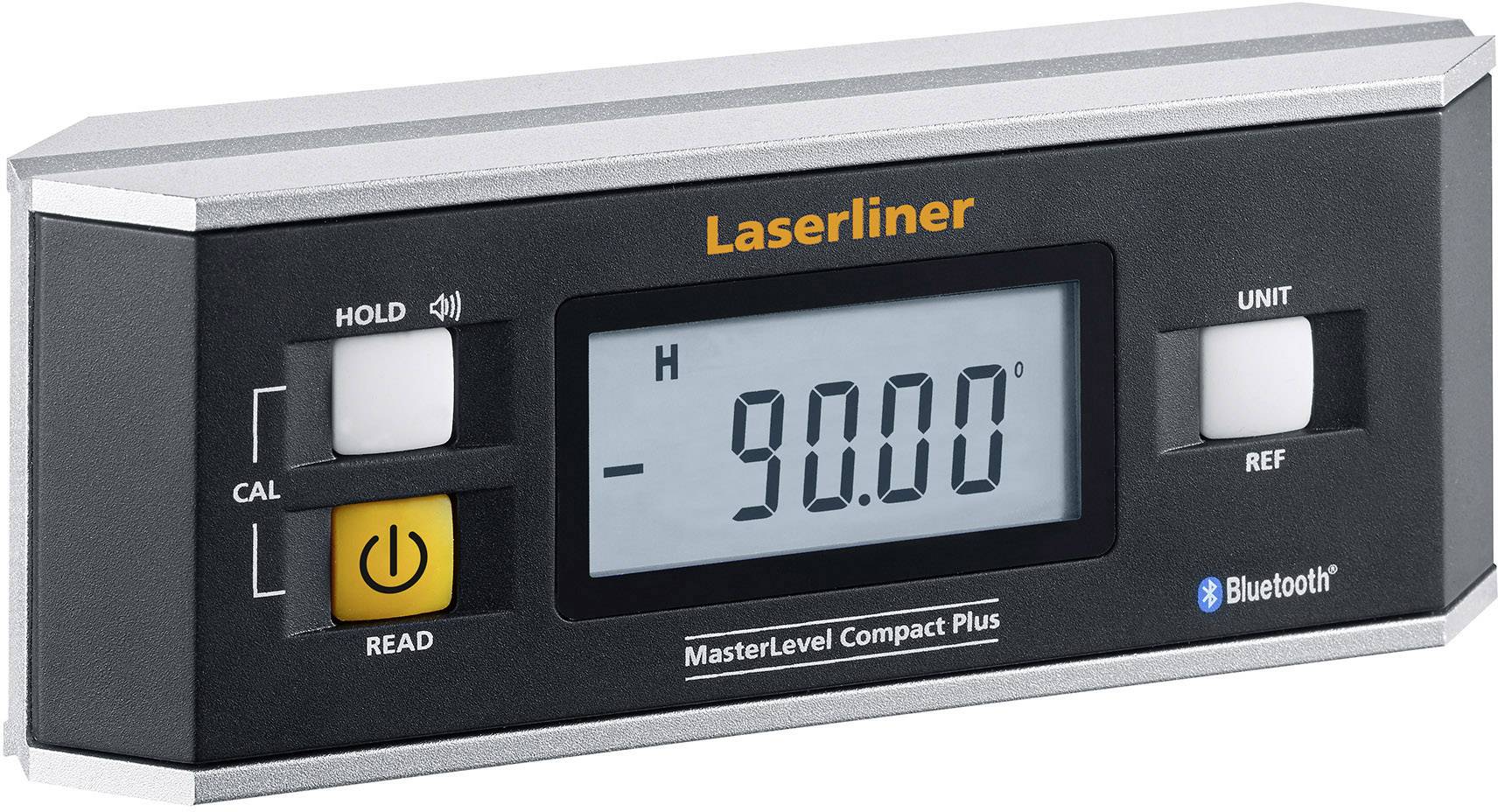 A digital measuring device 'Laserliner MasterLevel Compact Plus' shows a measurement of -90.00°. It has Bluetooth connectivity.
