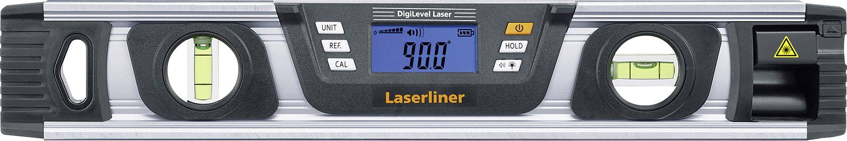 Spirit level with digital display showing 90.0 degrees, surrounded by two bubble vials for horizontal and vertical alignment.