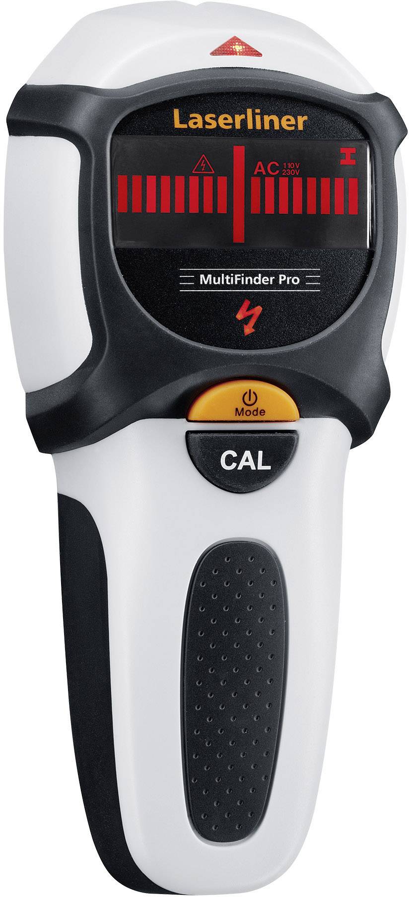 A multi-function detector with display screen. Shows vertical bars for object detection. Buttons for mode and calibration.