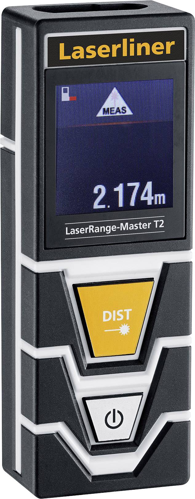 A laser distance meter with display shows a measuring distance of 2.174 metres. Distinctive button for distance measurement, integrated digital display.