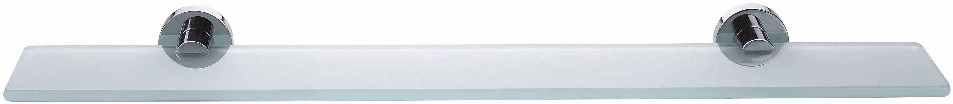 A glass shelf with two chrome-plated wall mounting brackets.
