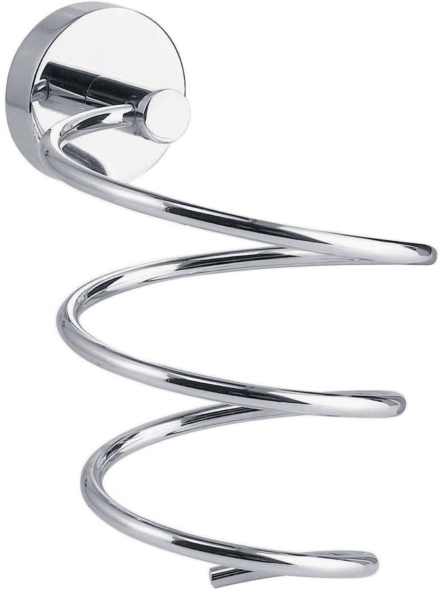 A spiral-shaped, metallic hairdryer holder mounted on the wall. Ideal for tidy storage.