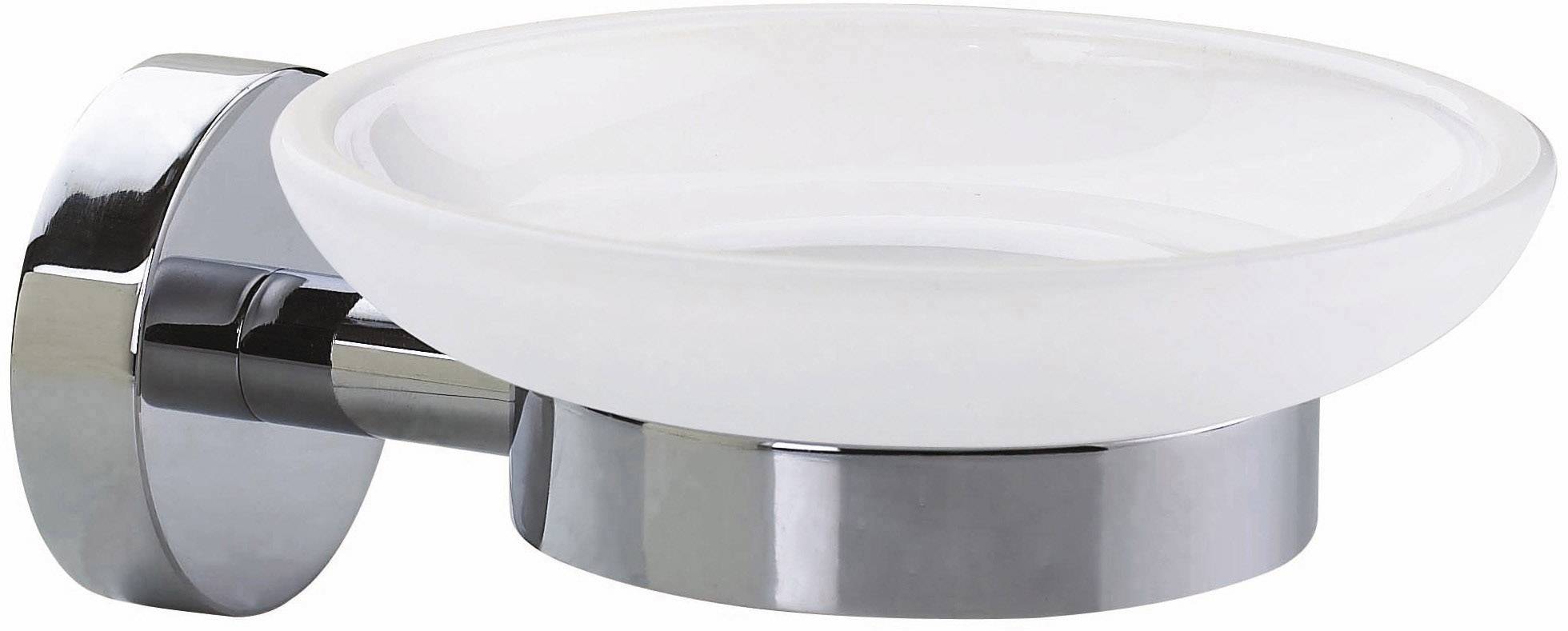 A white glass soap dish with chrome mounting bracket for wall installation. Perfect for a modern bathroom design.