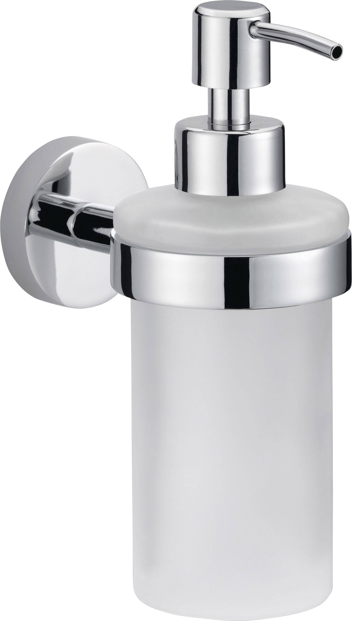 A chrome-coloured wall-mounted soap dispenser with a matt glass container and pump mechanism. Ideal for bathroom décor and practical use.
