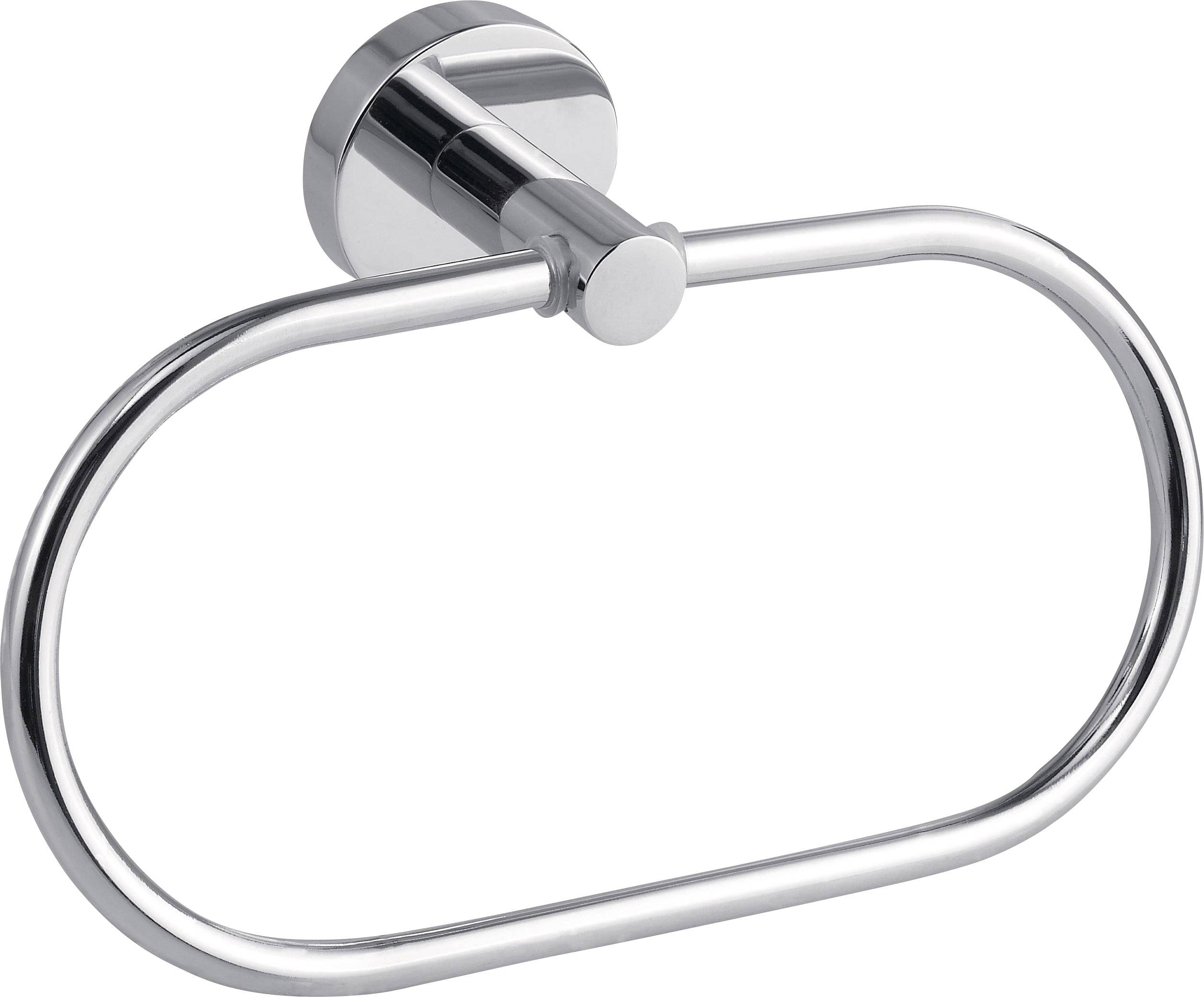 Metal towel rail mounted on the wall in an oval shape. Polished surface, suitable for use in the bathroom or kitchen.