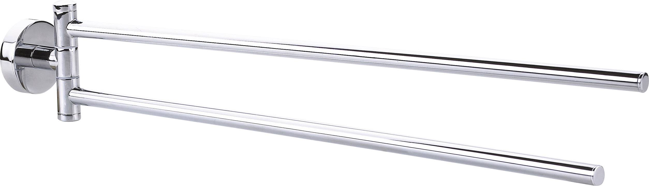 A silver, double towel rail with pivoting arms, mounted on the wall. Ideal for bathrooms.