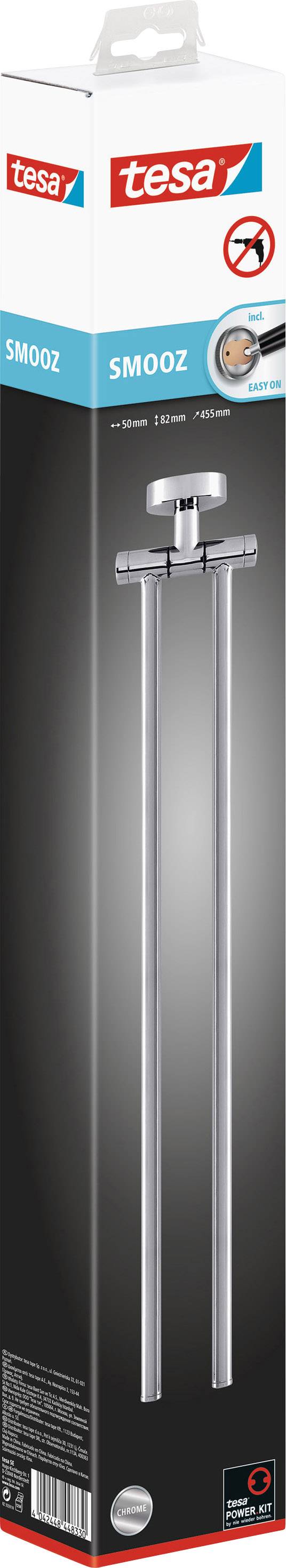 Packaging of a towel rail with two bars, brand 'tesa', model 'Smooz', shown with no-drill installation method.