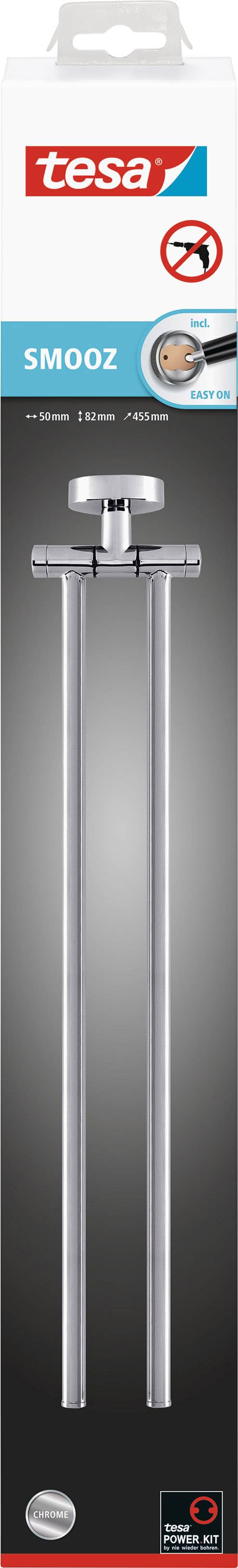 Packaging for a Tesa SM002 stainless steel towel rail. Image shows product with two parallel standing bars. Suitable for bathroom use.