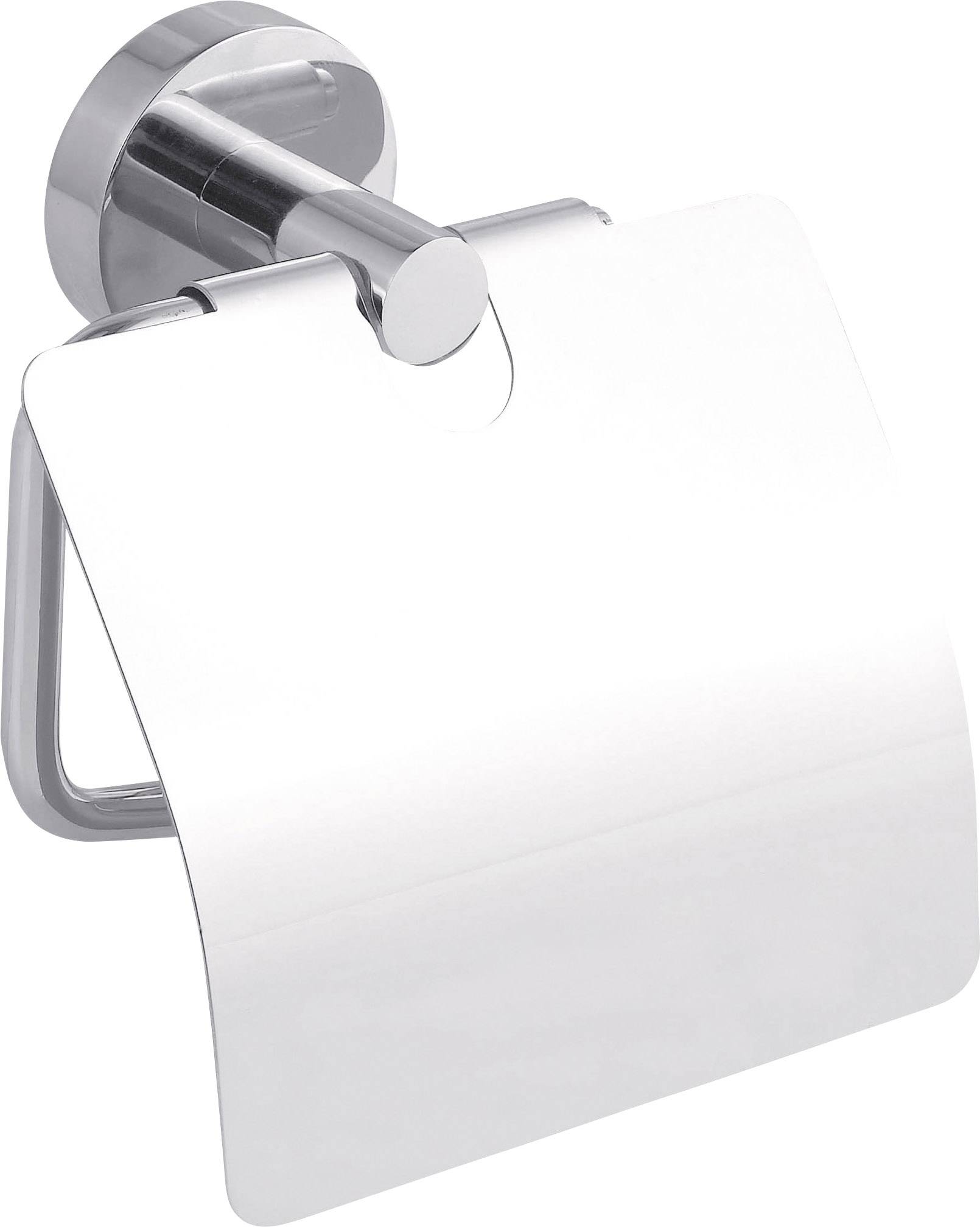 A gleaming, metallic toilet roll holder mounted on the wall, with a folded-down cover.