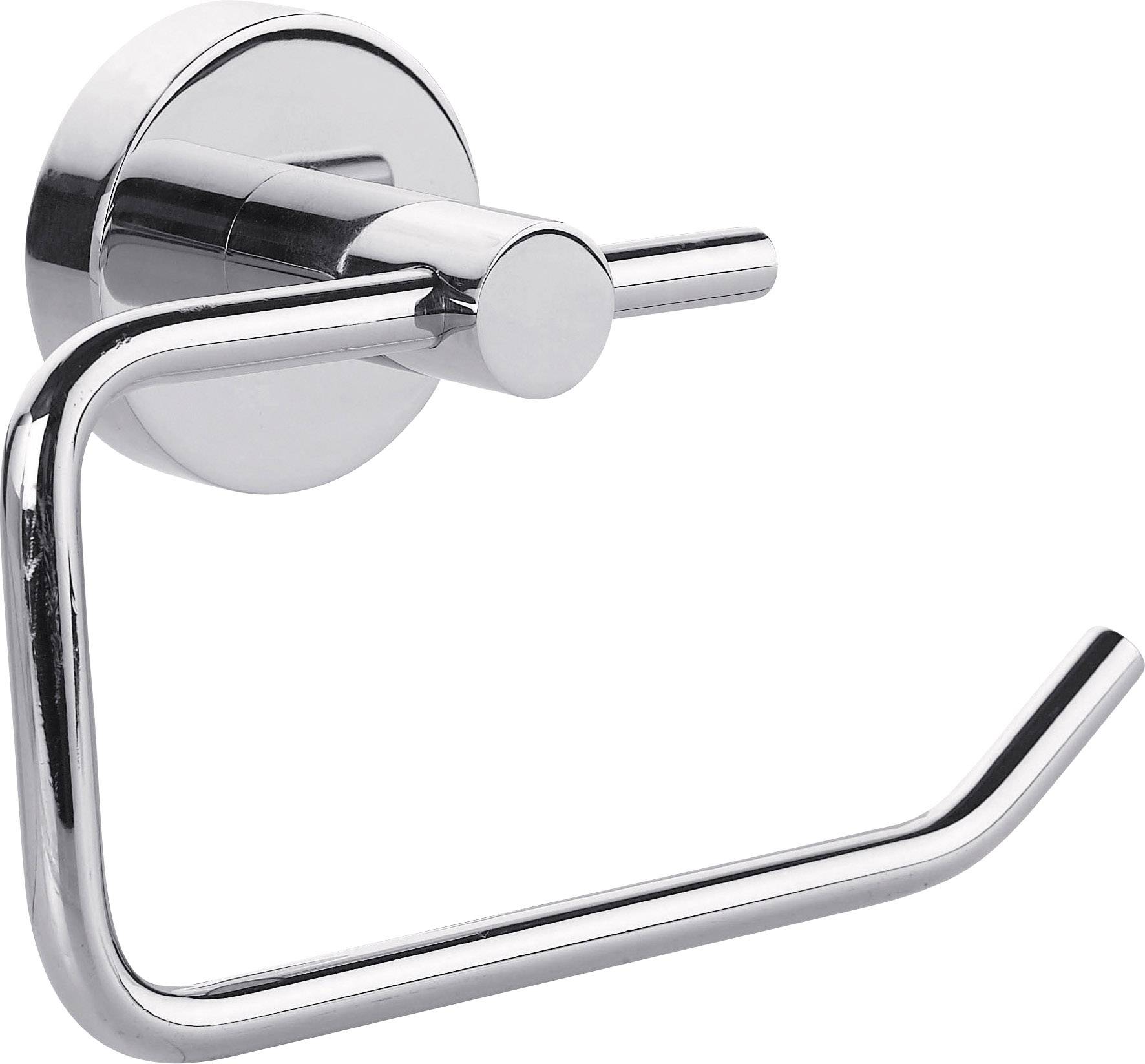 Silver metal toilet roll holder mounted on the wall in a contemporary design.