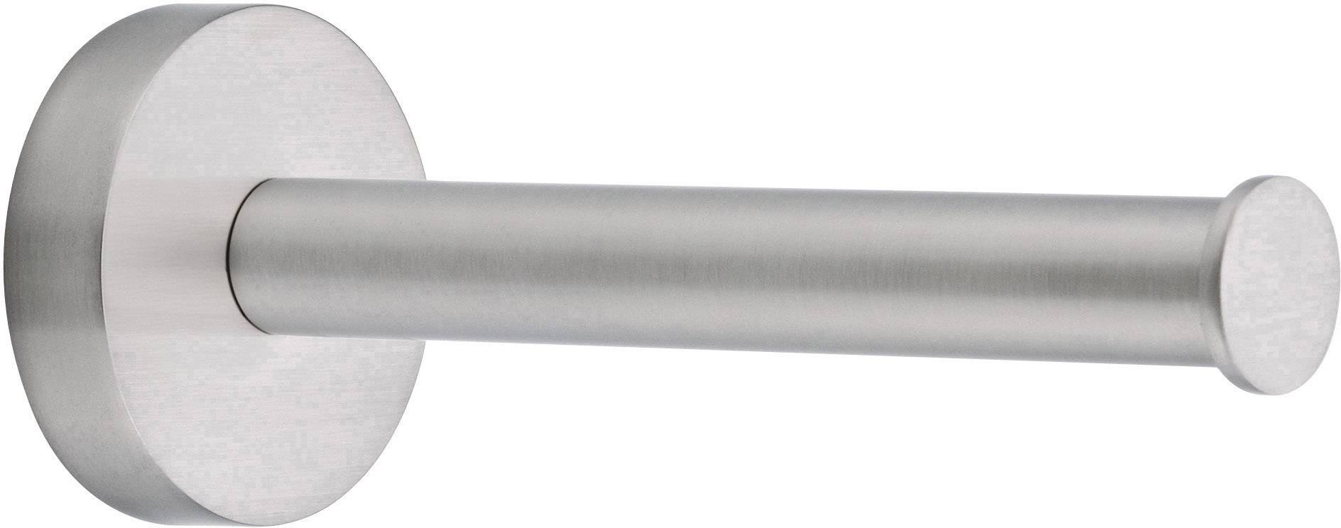A round, silver metal toilet roll holder mounted horizontally on the wall.