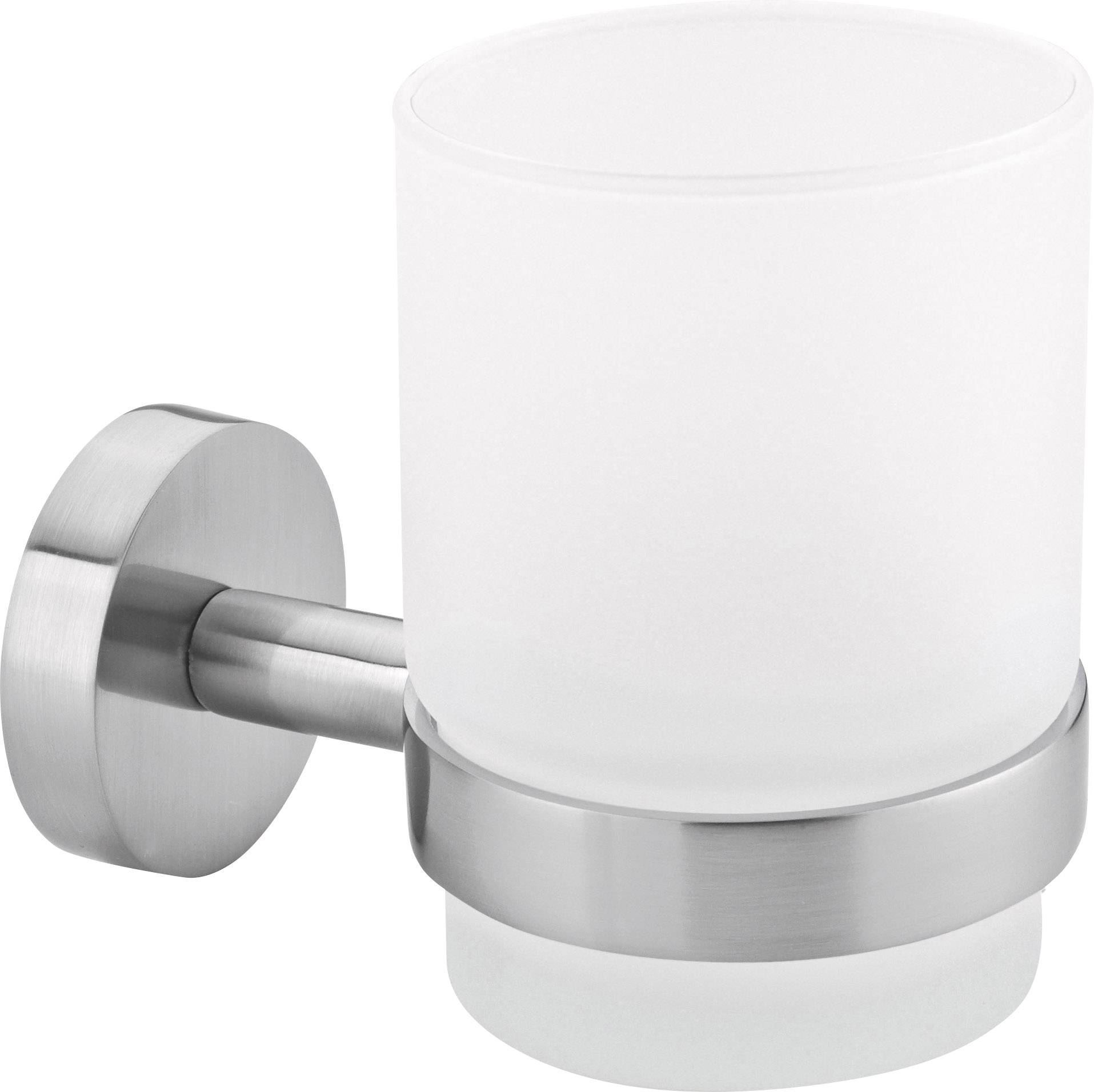 Wall-mounted toothbrush tumbler holder in brushed stainless steel with frosted glass cup, modern bathroom accessory.