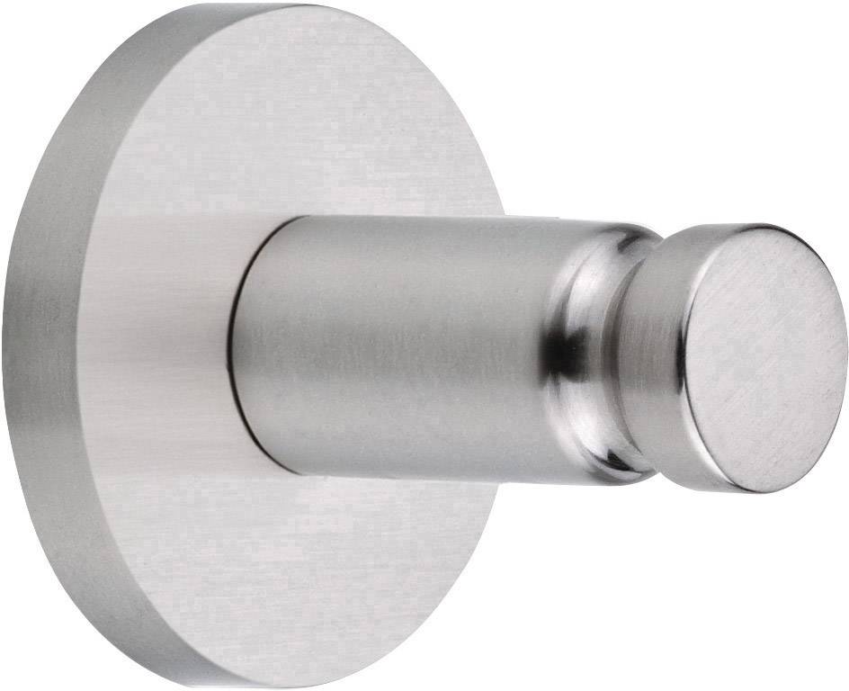 A silver, cylindrical metal wall hook mounted on a round base, used for hanging items.