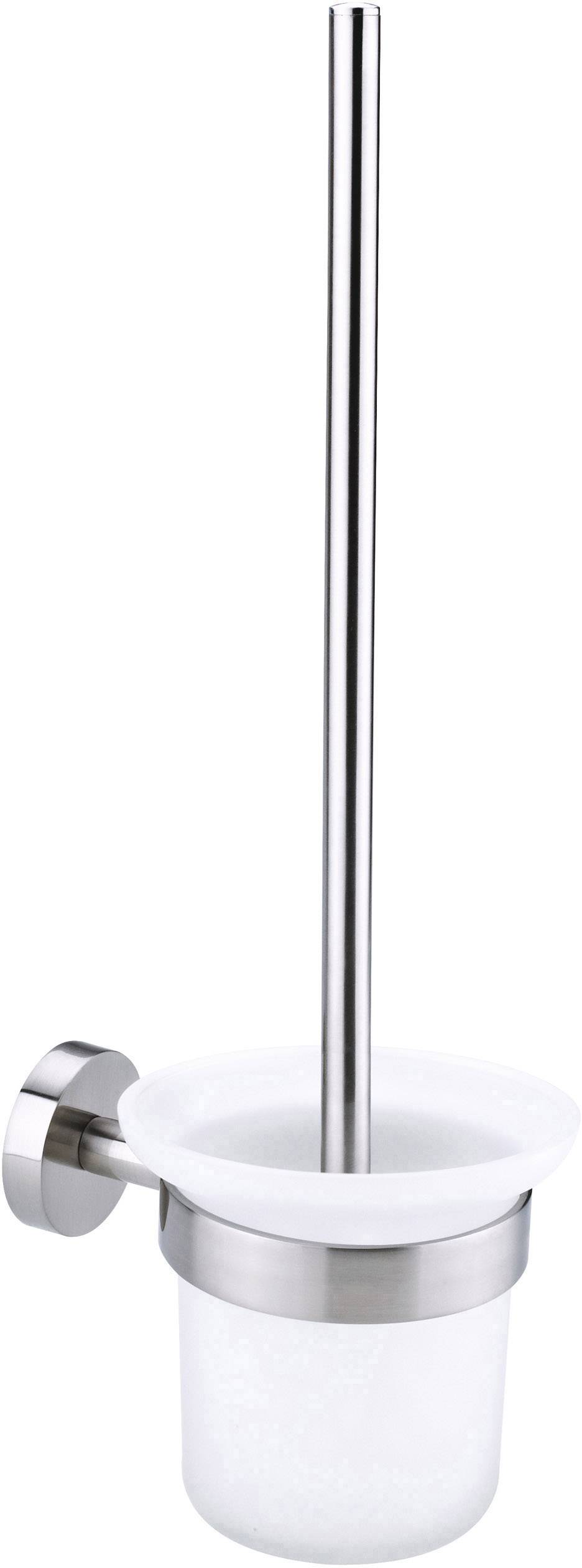 Toilet brush in a stainless steel and white plastic holder, mounted on a wall. Elegant and functional for the bathroom.
