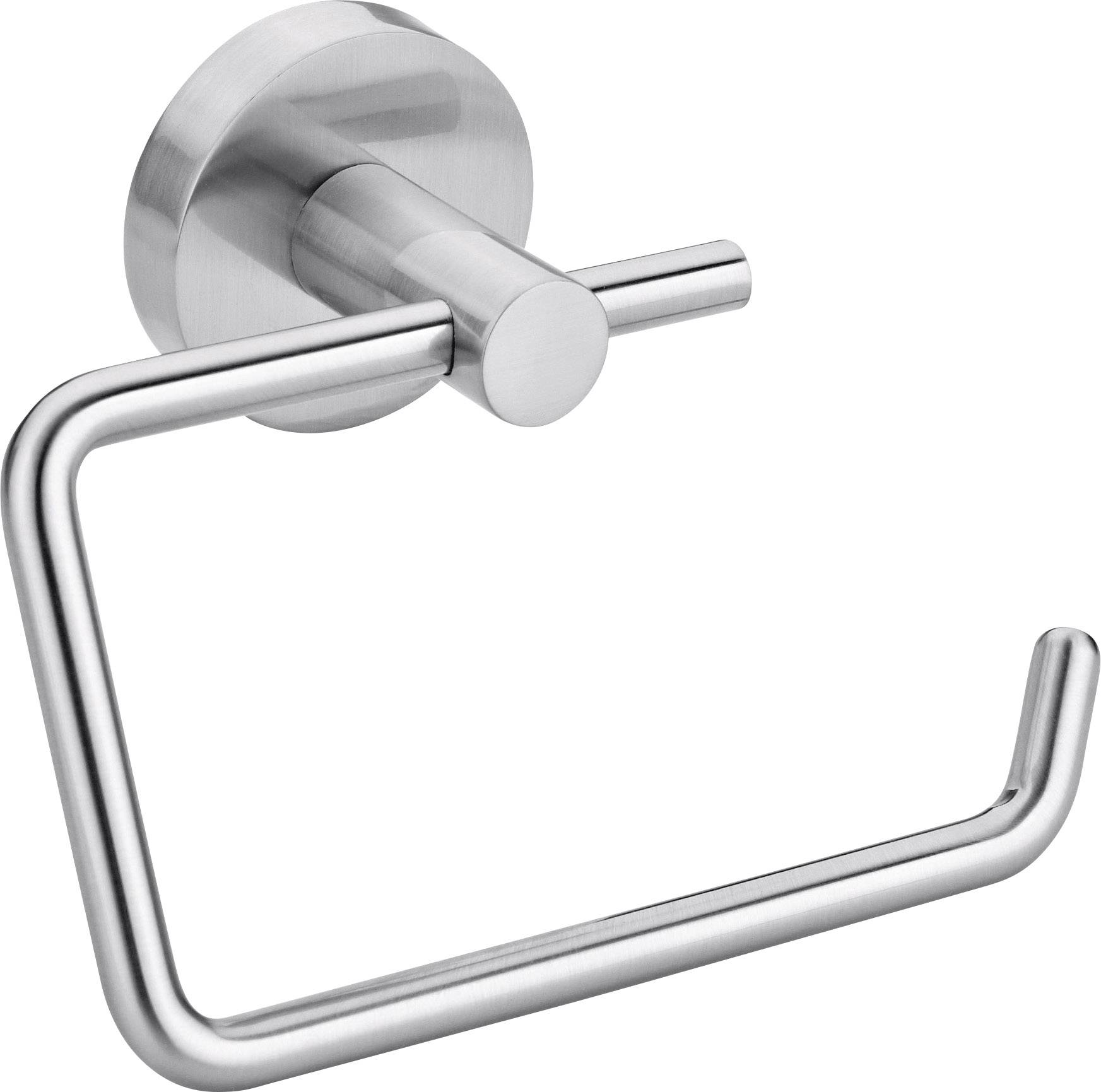 A modern, wall-mounted toilet roll holder made of brushed metal with an open design for easy handling.