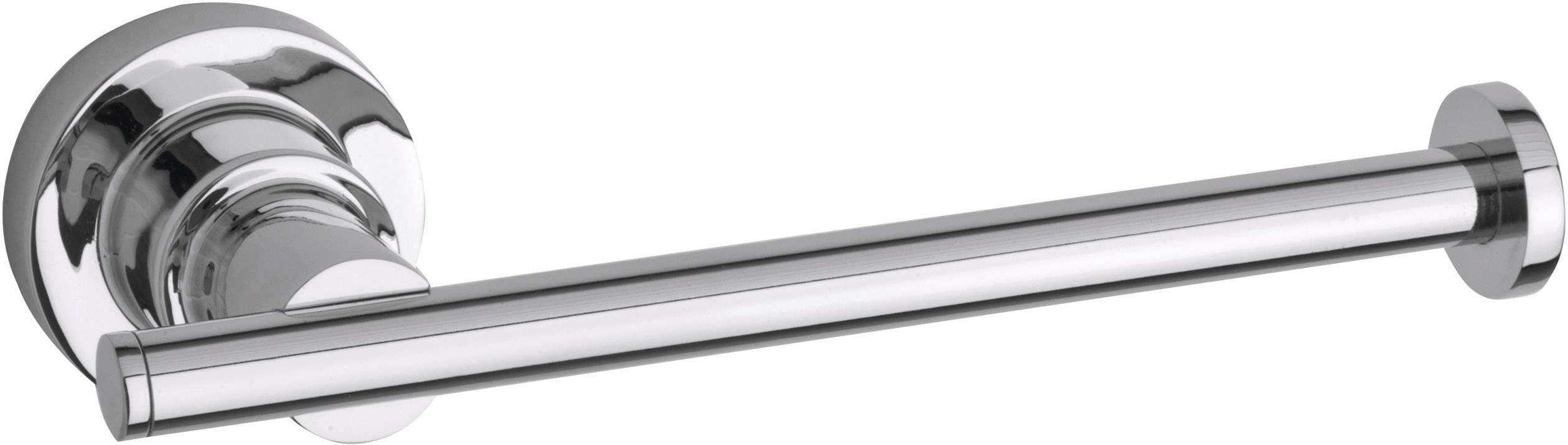 A chrome-coloured toilet roll holder with a cylindrical arm, mounted on a circular wall bracket.