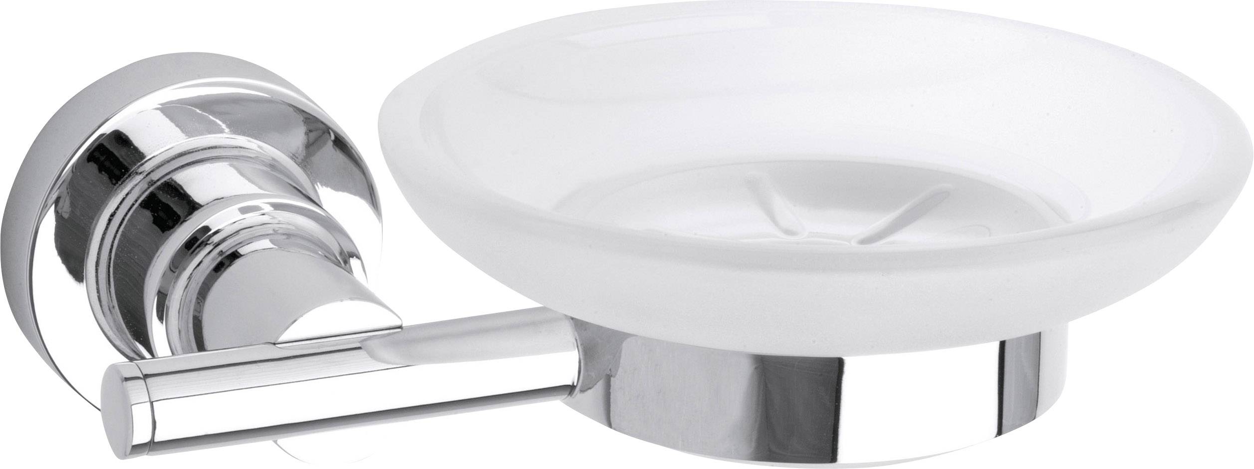 Frosted glass soap dish with chrome-coloured holder, wall-mounted. Perfect for contemporary bathroom decor.