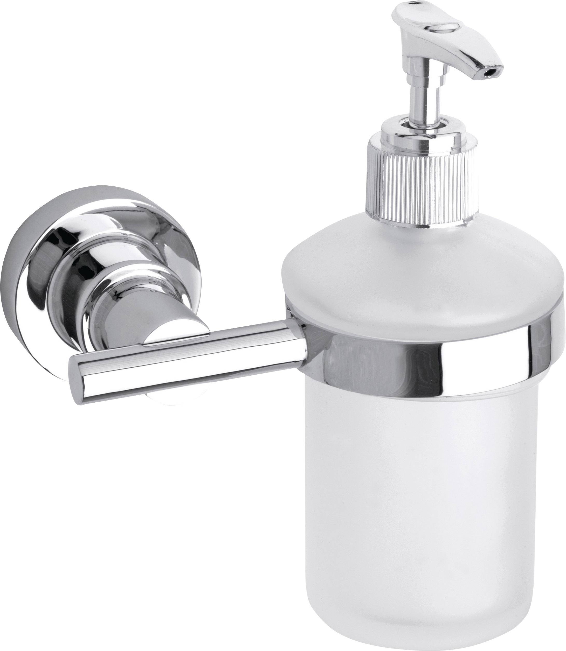 Wall-mounted soap dispenser with a chrome-finished holder and a matte glass container.