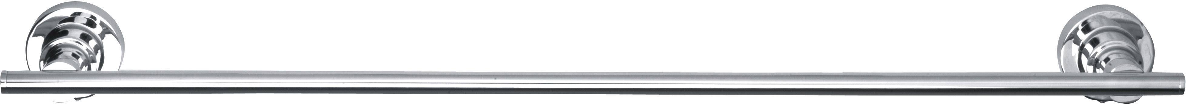 A simple, gleaming metal towel rail with round wall mountings.