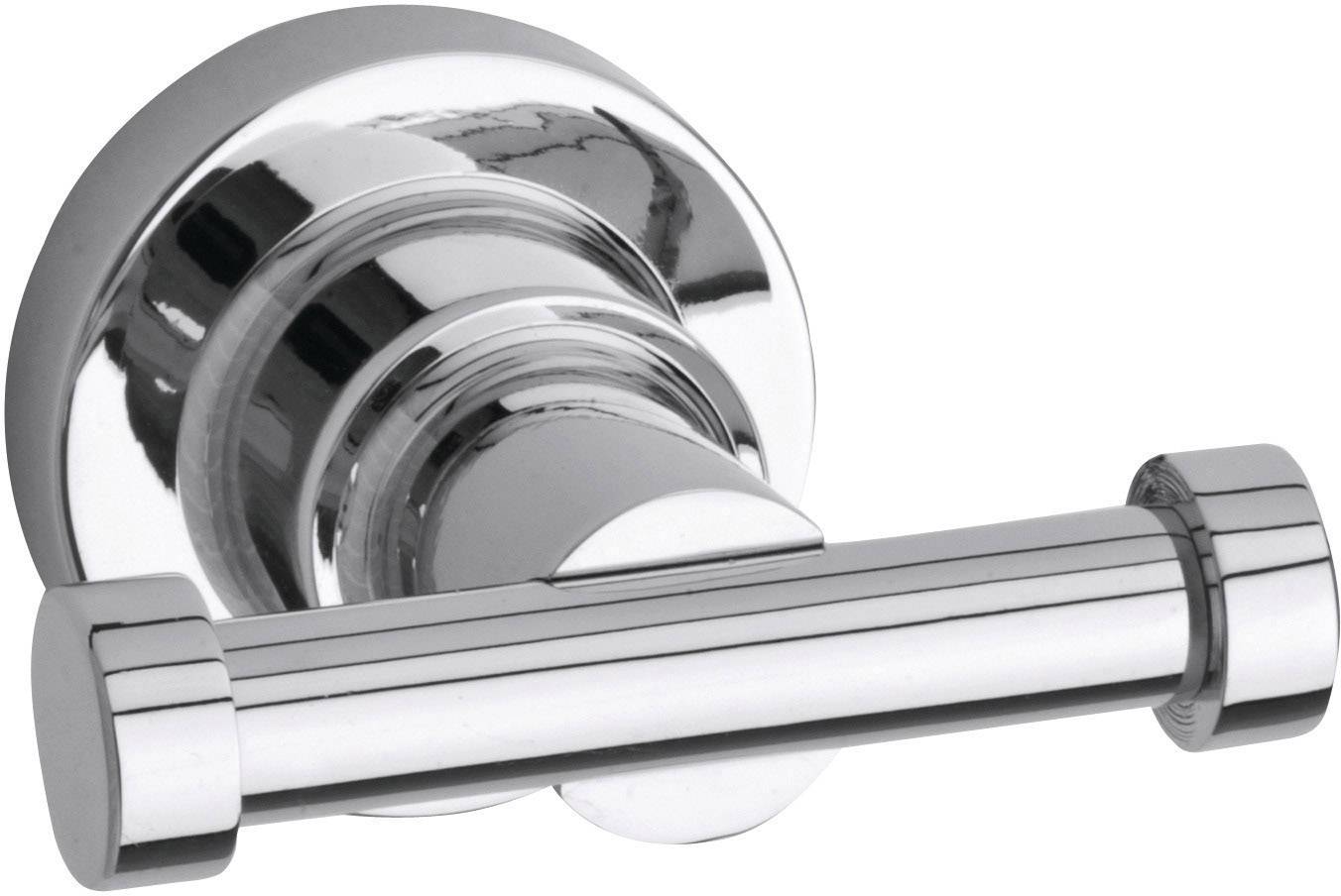 Chrome-plated toilet roll holder with a cylindrical design.