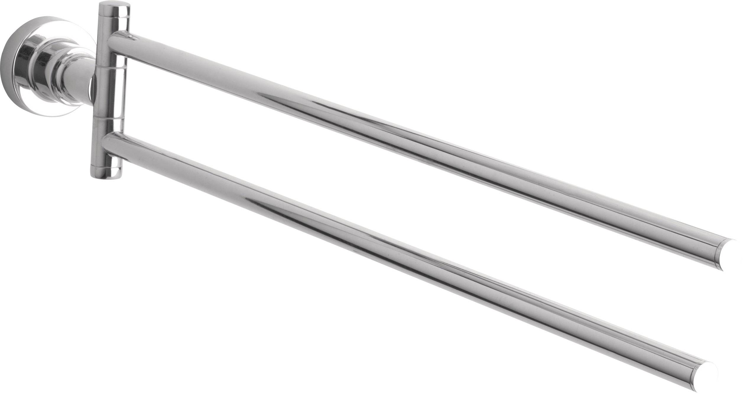 Chrome double towel rail with rotating arms, mounted on a wall bracket. Perfect for storing towels in the bathroom.