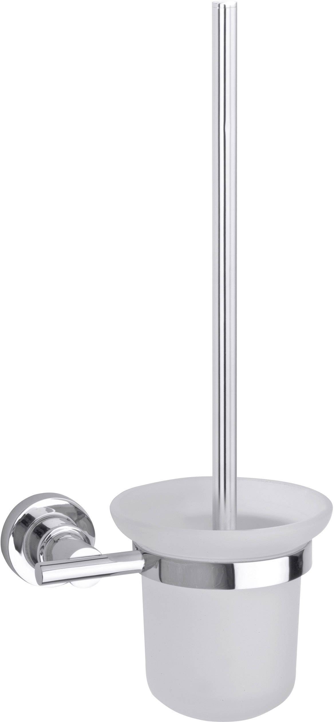 Metal and glass toilet brush holder for wall mounting. Silver handle, white container.