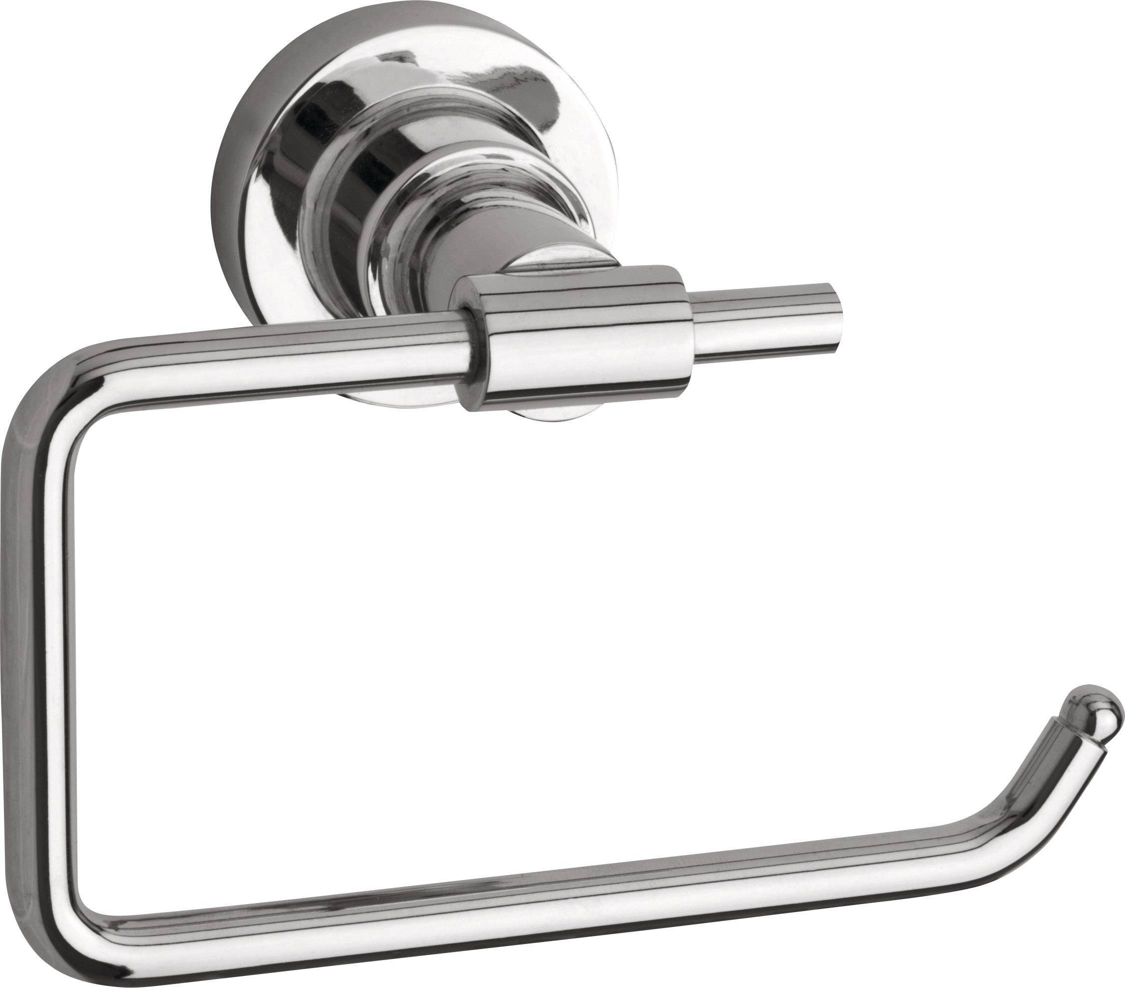 Metallic toilet roll holder with open hook design, wall-mounted.