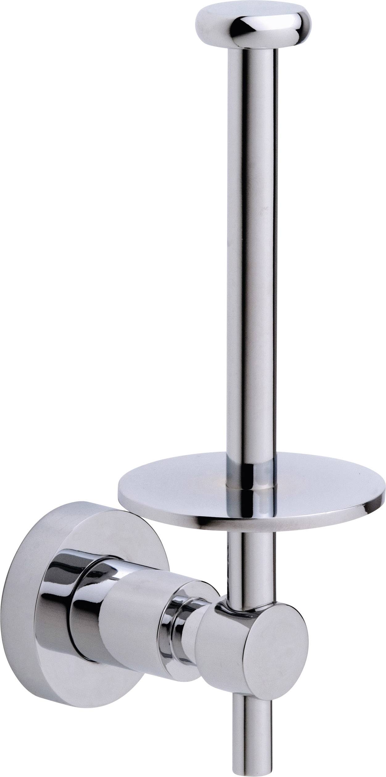 A gleaming, silver toilet roll holder for wall mounting, featuring a vertical bar and space for a spare roll.