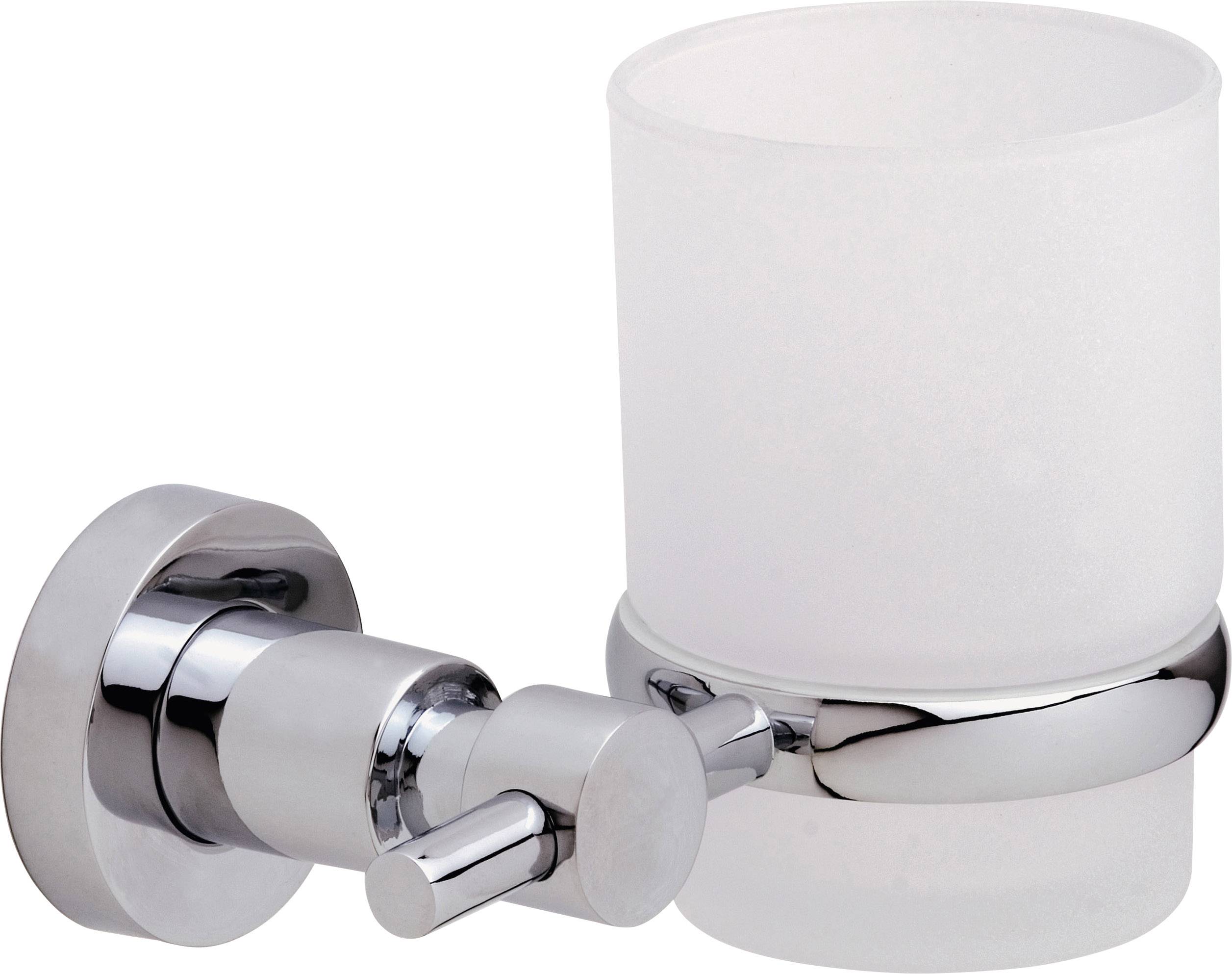 Metallic toothbrush holder with a matte glass tumbler, wall-mounted. Suitable for bathrooms for storing toothbrushes.