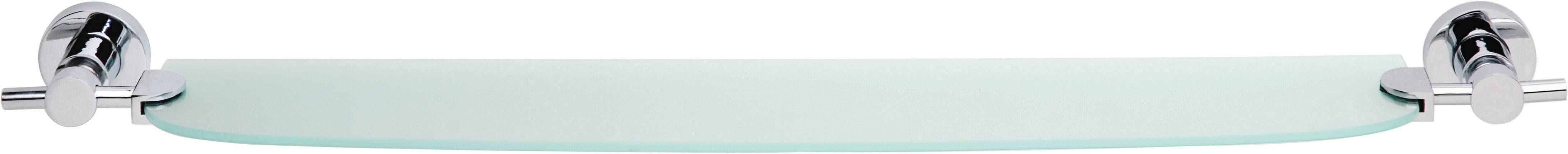 Transparent glass shelf, secured by two silver brackets. Perfect for modern bathrooms to store toiletries.