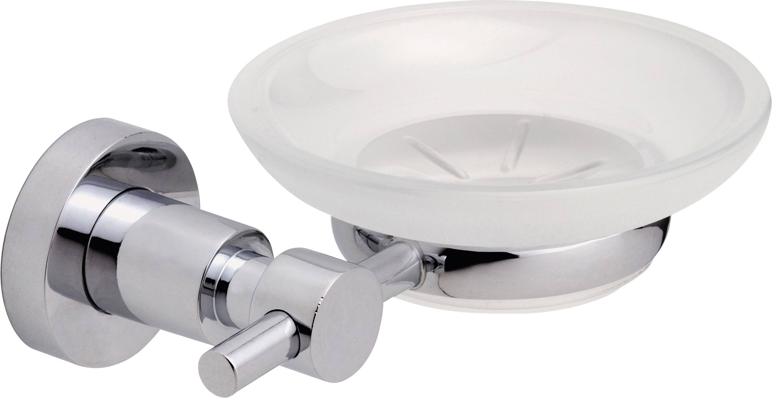 A simple soap dish made of glass and metal, wall-mounted. Ideal for modern bathrooms.